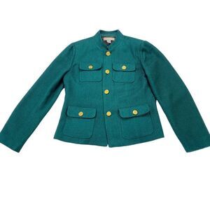 Chicos Tweed Jacket Women's Size 0 Green Long Sleeve Lined Gold Button Front